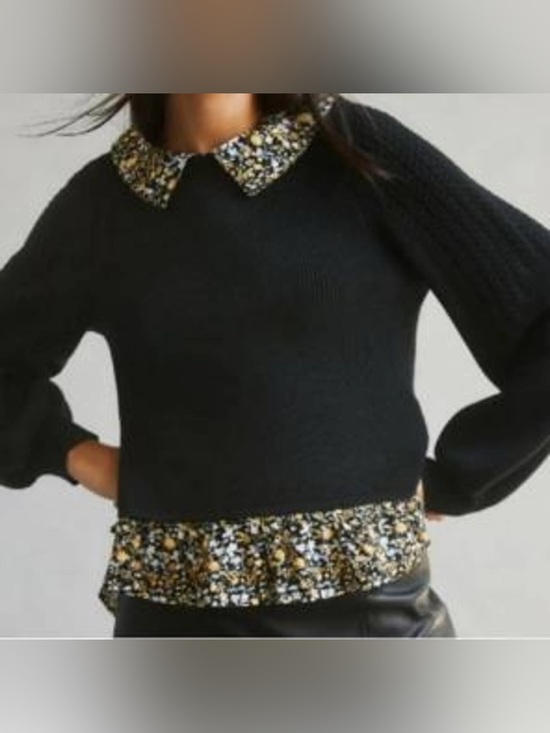 Anthropologie Sweaters - Anthropologie Black Sweater with Floral Collar and Hem Trim 1114